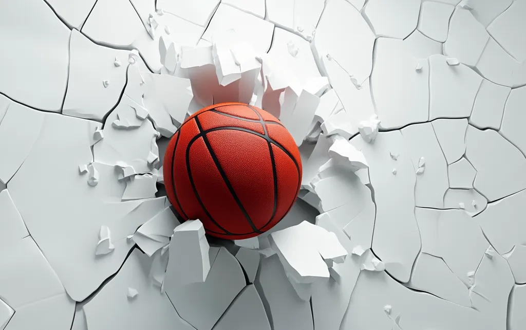 A basketball forcefully breaks through a white, cracked wall. The impact is depicted by the fragmented pieces of the wall surrounding the ball.  The basketball is centrally positioned, its orange color contrasting sharply with the white background. The scene suggests power, strength, and the overcoming of obstacles.