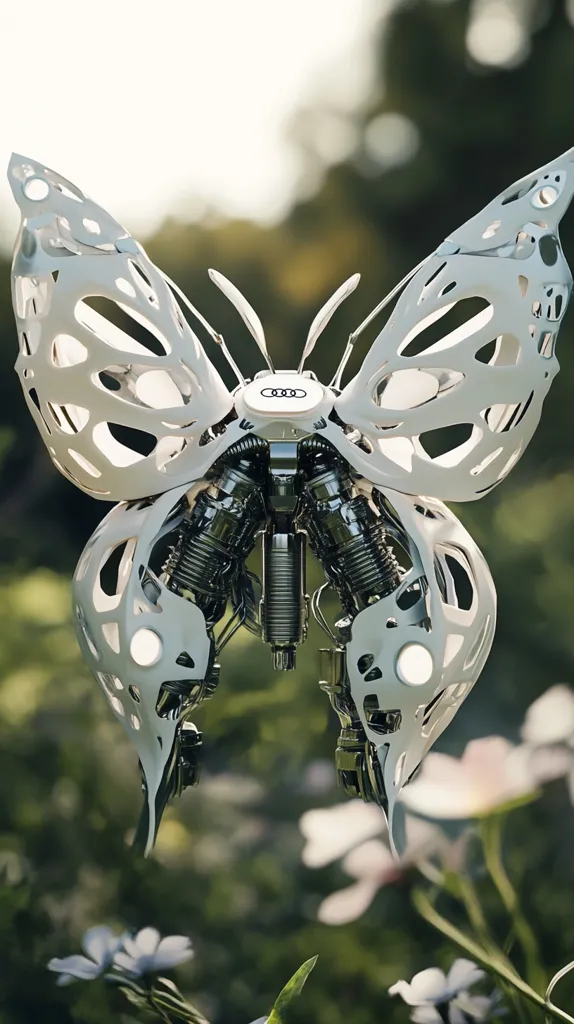 A meticulously crafted robotic butterfly, predominantly white, features intricate, exposed mechanical components at its center.  The Audi logo is visible on its thorax.  Its delicate, lace-like wings contrast with the robust machinery within, creating a surreal juxtaposition.  The butterfly hovers gently above a blurred background of soft green foliage and wildflowers, creating a serene yet futuristic scene.