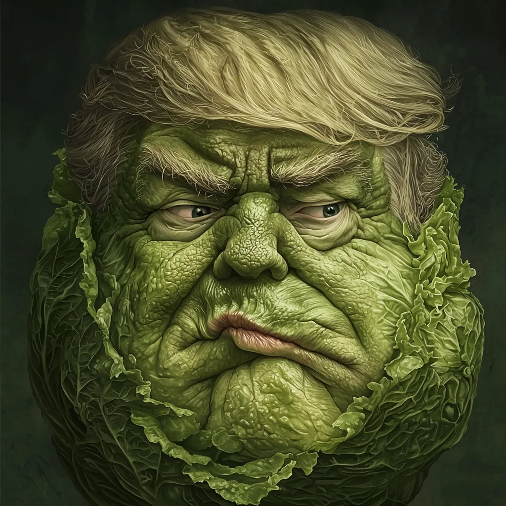 A digital caricature depicts Donald Trump's face morphed into a head of cabbage.  His signature hairstyle remains, but his skin is textured like lettuce leaves, creating a grotesque yet humorous effect. The image uses a dark, moody background to highlight the vibrant green of the cabbage-Trump hybrid.  The overall style is a satirical commentary on the former president.