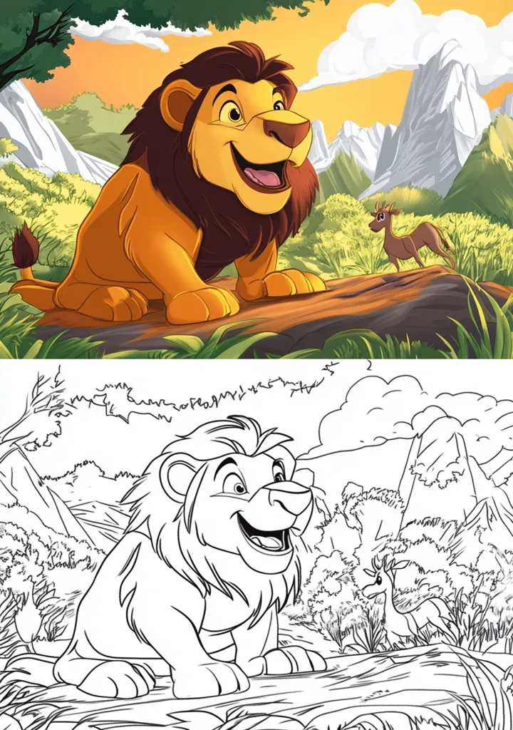 The image is a split design showing a vibrant illustration of a young lion sitting on a log in a mountainous savanna, observing a deer in the distance.  Below it is a black and white line drawing of the same scene, suitable for coloring.  Both images depict a cheerful lion cub in a lush, idyllic landscape.
