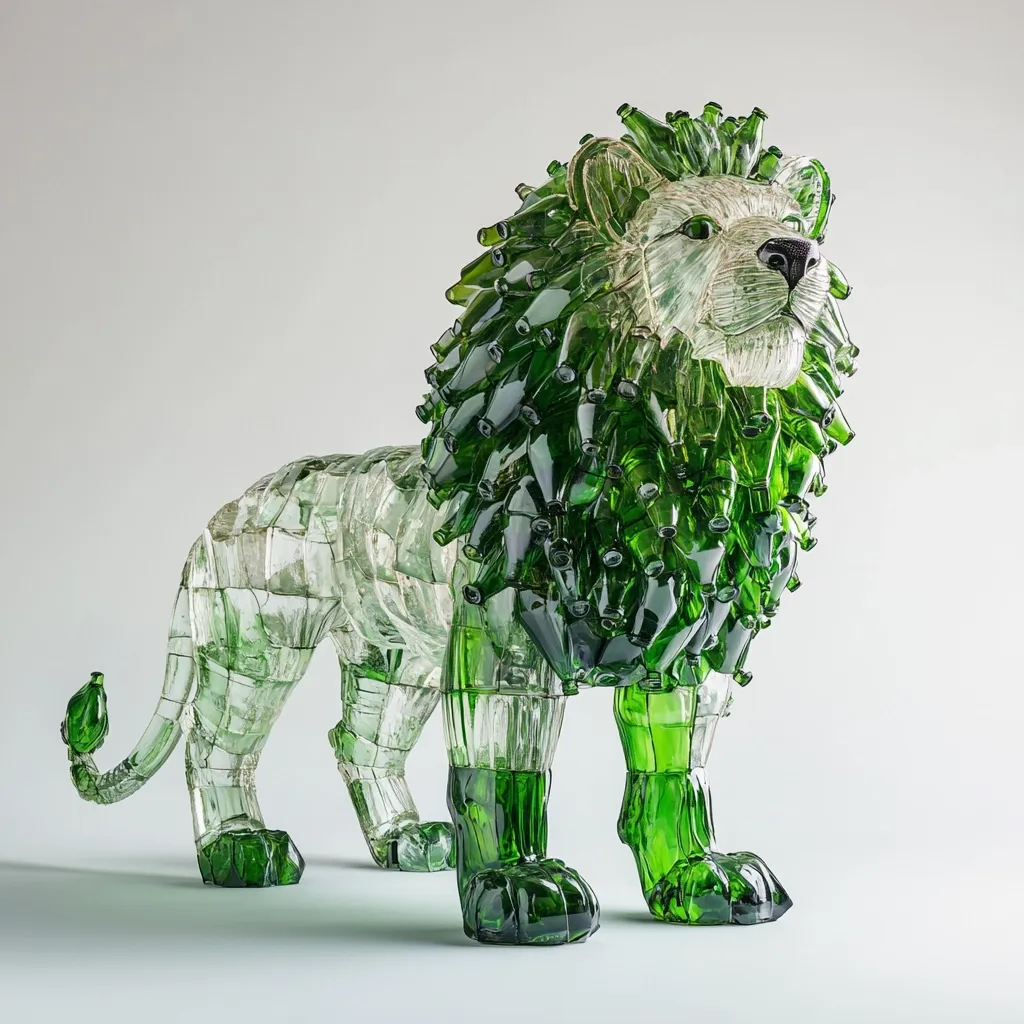 A majestic lion sculpture crafted from recycled green glass bottles.  The mane is densely constructed from the bottle necks, while the body is composed of clear and green glass fragments, creating a striking contrast.  The piece showcases a blend of artistry and environmental consciousness, highlighting the transformative potential of recycled materials.  The lion stands proudly, its form both powerful and delicate.