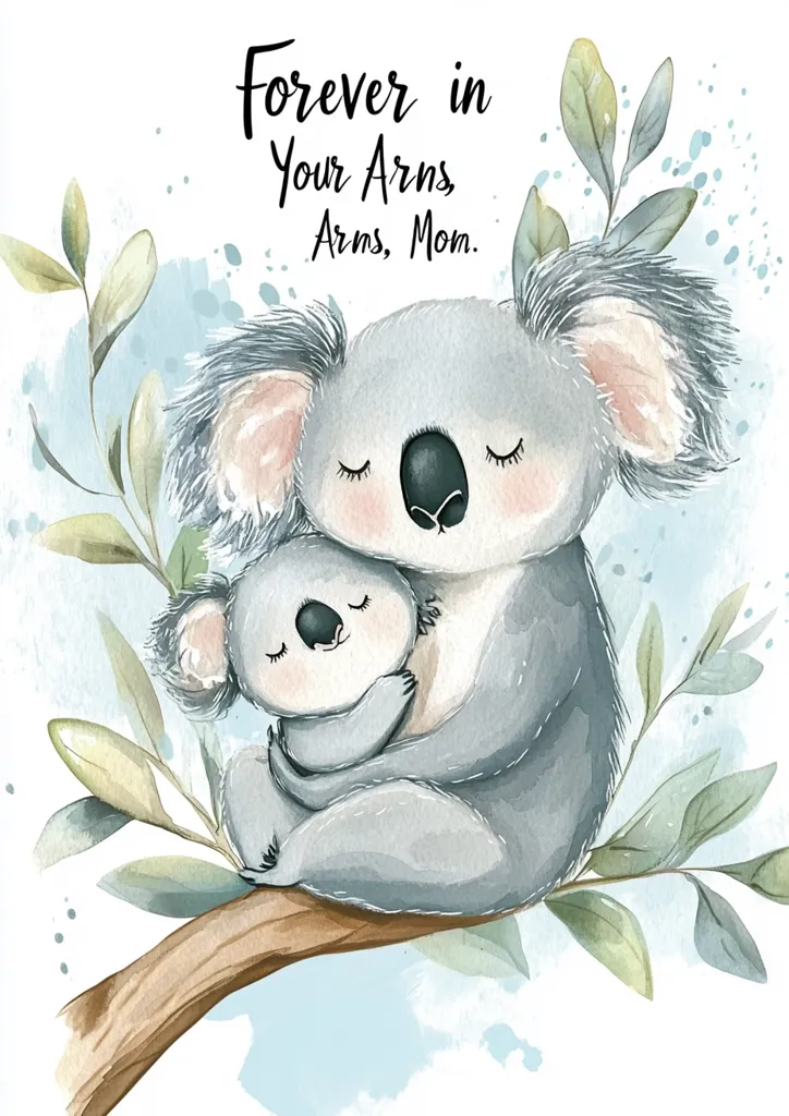 A watercolor painting depicts a mother koala gently embracing her baby koala.  The koalas are nestled on a tree branch amidst delicate, leafy branches.  A tender sentiment is written above: "Forever in Your Arms, Mom," expressing a loving bond. The soft color palette and adorable animals create a heartwarming and sentimental image.