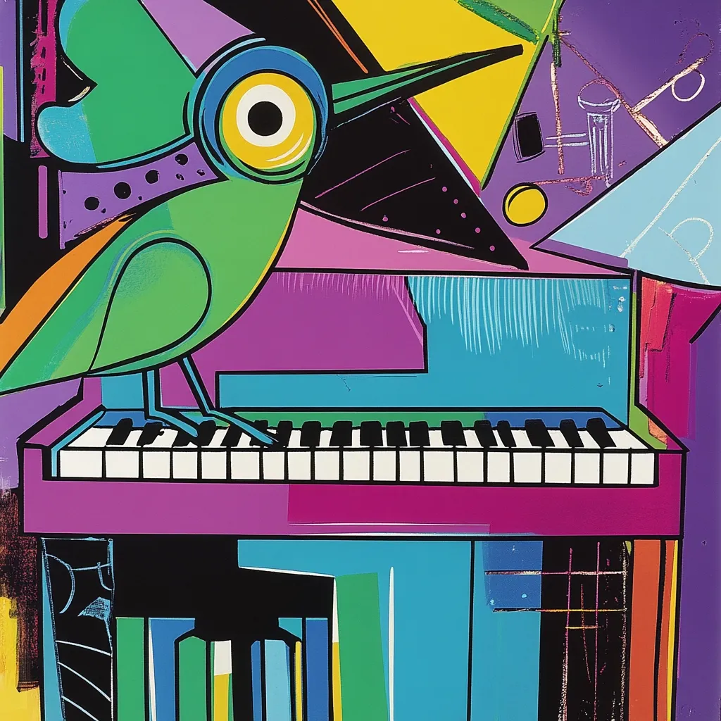 A vibrant, stylized painting depicts a green bird perched on a purple and teal piano.  The bird has large, expressive eyes and a long beak.  The background is a chaotic arrangement of geometric shapes in bright colors, creating a dynamic and energetic composition. The overall style is reminiscent of pop art, with bold lines and a playful use of color.
