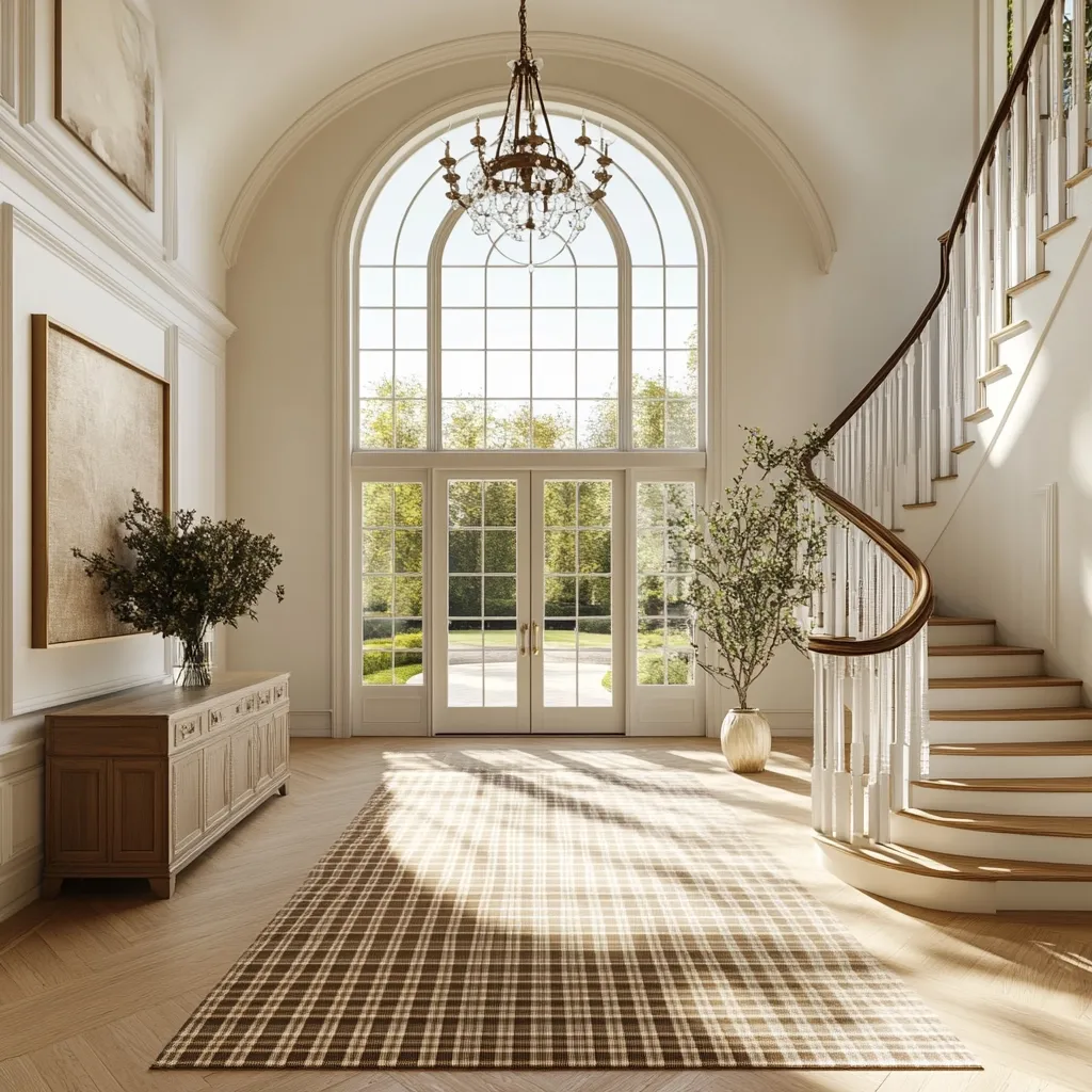 A grand foyer features a curved staircase, a large arched window showcasing a lush garden, and French doors leading outside.  Sunlight streams through the window, illuminating a plaid rug and a light wood console table.  The room is decorated with minimalist elegance, featuring neutral tones and subtle textures.  A crystal chandelier hangs from the high ceiling, adding a touch of sophistication.