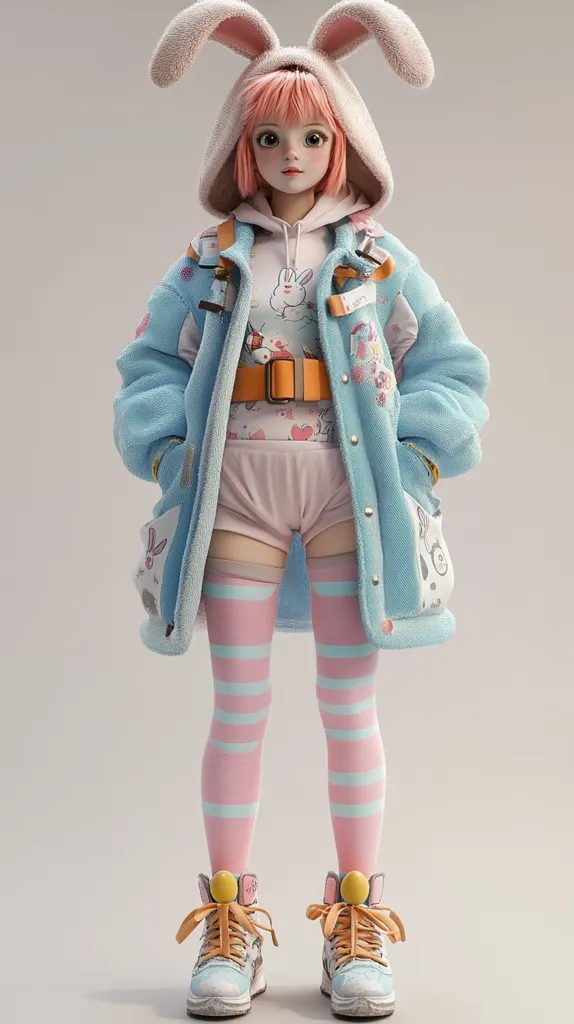 A 3D-rendered anime-style female character is depicted. She wears a light blue bunny-eared hooded jacket adorned with pastel-colored bunny illustrations, a pink top and shorts, and striped pink and light blue knee-high socks.  Her shoes are white with orange laces and yellow bunny ear details. The overall aesthetic is cute and whimsical.