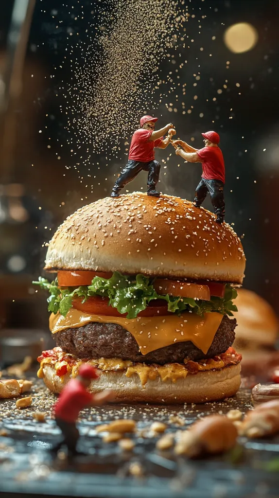 A large, juicy cheeseburger is the centerpiece of this captivating image. Two miniature figures in red shirts are perched atop the bun, engaging in a playful struggle over something small.  Sesame seeds are scattered around, creating a dynamic scene.  The burger's layers—sesame bun, lettuce, tomato, melted cheese, and a thick patty—are clearly visible, highlighting its deliciousness.  The overall composition suggests a playful, whimsical, and appetizing narrative.