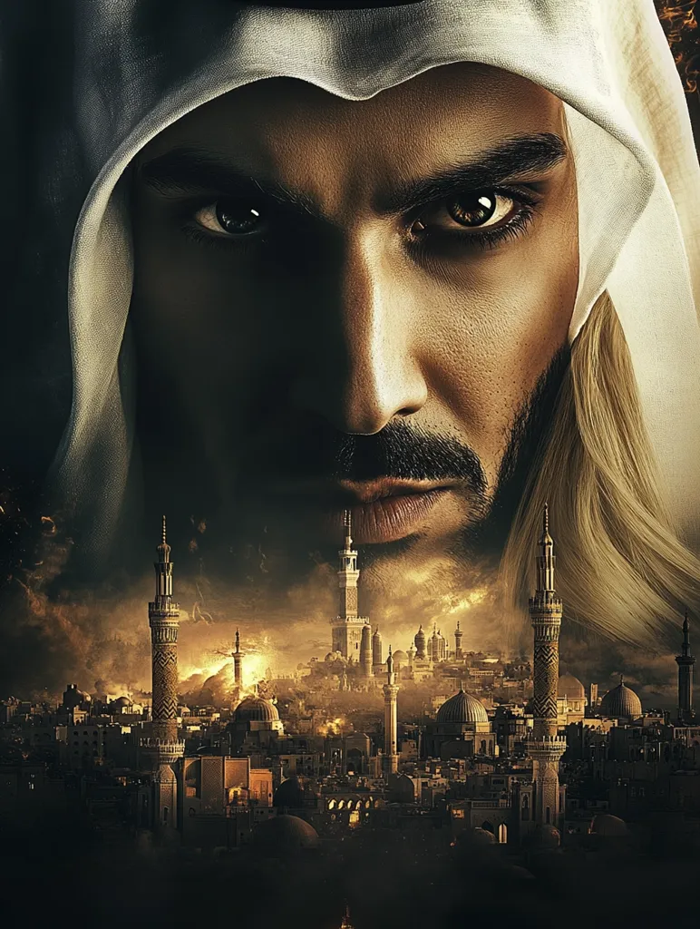 A dramatic close-up of a man's intense gaze, his face partially obscured by a white headscarf.  His piercing eyes and strong jawline convey power and determination.  Below, a sprawling Middle Eastern city is depicted in warm, golden tones, suggesting a setting of conflict or significant events. The overall mood is one of mystery and impending action.