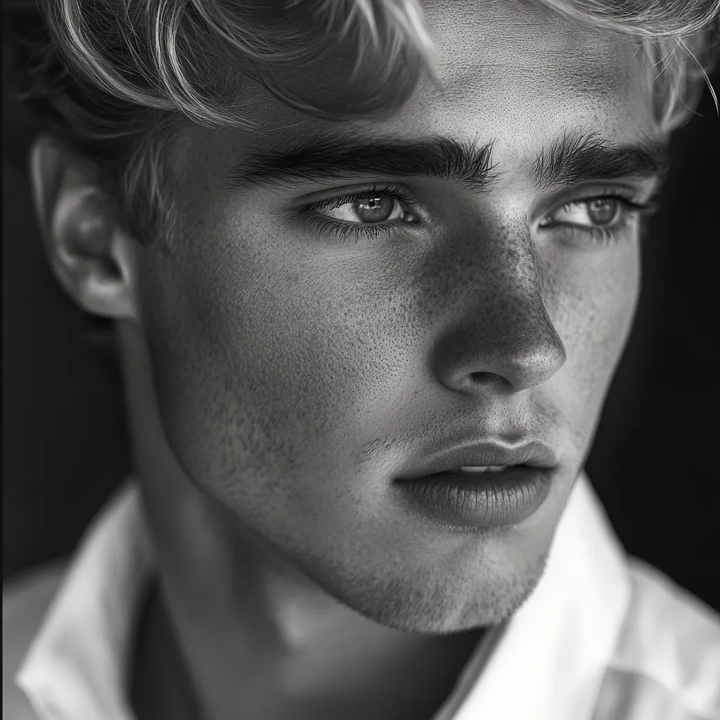 A black and white close-up portrait of a young man with light, wavy hair and freckles.  His expression is pensive, his gaze directed slightly away from the camera.  He has strong features, including well-defined eyebrows and a strong jawline. He's wearing a light-colored collared shirt. The image has a soft, moody lighting.
