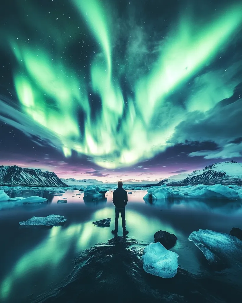 A lone figure stands silhouetted against a breathtaking backdrop of the Aurora Borealis.  Vibrant green and purple lights dance across the night sky above a calm, icy lake.  Floating icebergs reflect the ethereal glow, creating a serene and otherworldly scene.  Mountains rise in the distance under a star-studded sky, enhancing the magical atmosphere.
