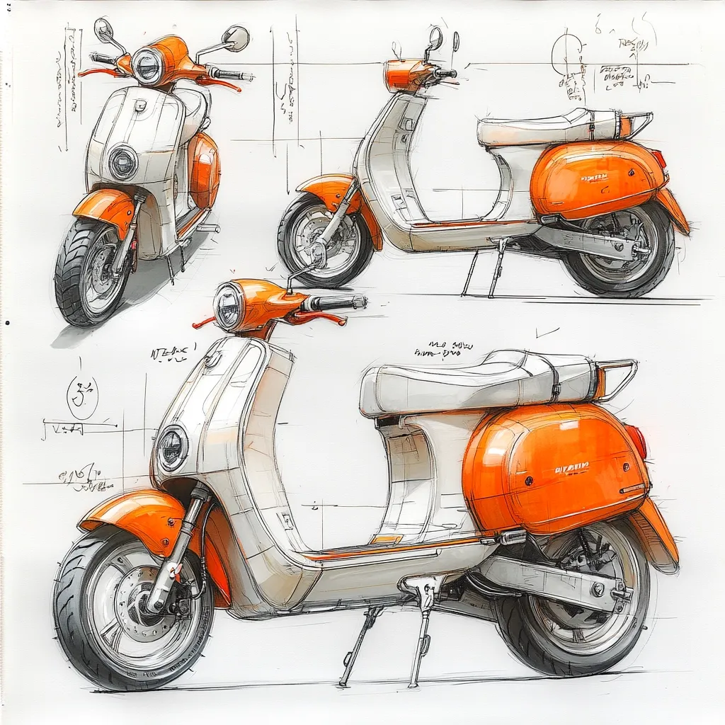 This sketch depicts a design concept for a modern scooter.  Multiple views showcase the vehicle's sleek, retro-inspired lines, predominantly orange and off-white.  Detailed drawings show front, side, and three-quarter perspectives, including technical annotations and measurements, suggesting a design in progress.  The scooter features a compact body, large wheels, and a comfortable-looking seat.