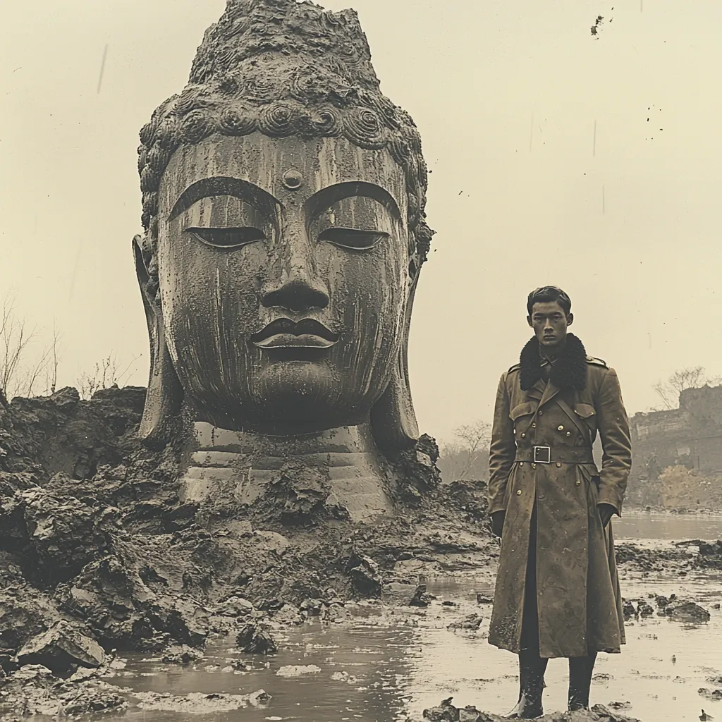 A sepia-toned photograph depicts a large, mud-caked Buddha head partially buried in the ground.  A young man in a long, military-style overcoat stands in the muddy foreground, his gaze directed at the viewer.  The setting appears bleak and waterlogged, possibly following a flood or excavation. The contrast between the ancient monument and the modern soldier creates a striking visual narrative.