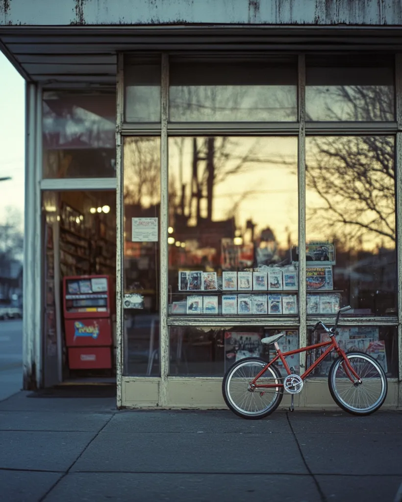 A red BMX bicycle leans against the exterior of a small, aged storefront.  The shop's large windows reflect a warm sunset, and the interior displays rows of what appear to be magazines or comic books.  The overall scene evokes a sense of nostalgia and quietude.
