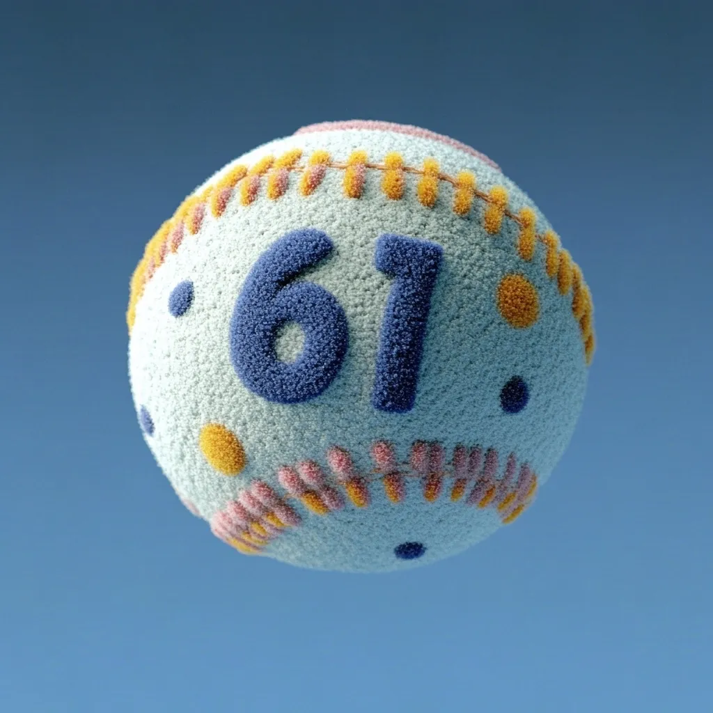 A fluffy, spherical object resembling a baseball features the number "61" prominently displayed in blue, fuzzy lettering.  The sphere is light blue, adorned with textured orange and pink stitching details and small, textured dots.  The overall aesthetic is playful and cartoonish.
