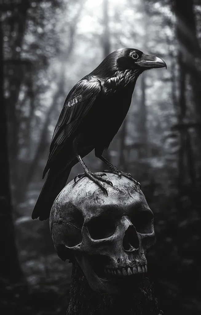 A black and white image depicts a raven perched atop a human skull in a dark, misty forest.  The contrast between the dark bird and the light skull is striking. The background is blurred, emphasizing the ominous mood and focusing attention on the central figures. The overall aesthetic is gothic and evocative of mortality and mystery.
