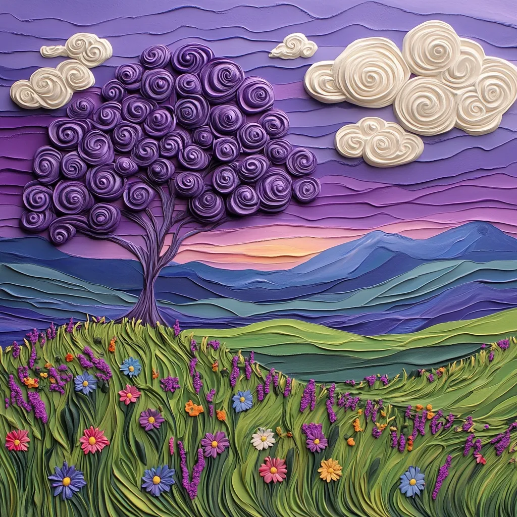 A whimsical landscape painting features a vibrant purple tree with swirling leaves, set against a backdrop of layered purple and blue mountains under a sunset.  Fluffy white clouds drift in a purple sky above a field of colorful wildflowers, creating a dreamy and textured scene with a three-dimensional effect. The style is reminiscent of impasto painting, with thick layers of paint creating depth and texture.