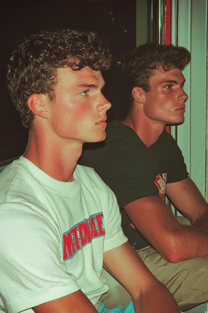Two young men with similar curly brown hair sit side by side.  The man on the left wears a light-colored t-shirt with a red and blue logo. The man on the right wears a dark green t-shirt.  Both have tanned skin and are captured in what appears to be a candid, slightly grainy photograph, reminiscent of a vintage film photo.  The setting is dark and dimly lit.