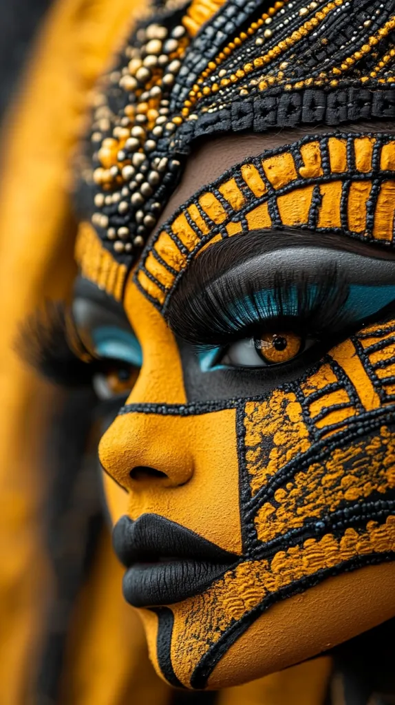 A close-up reveals a woman's face adorned with intricate black and gold body paint, mimicking geometric patterns and tribal designs.  Her striking makeup features bold black lips and vibrant turquoise eyeliner, accentuating her gaze.  A beaded headdress adds to the opulent, almost regal, aesthetic. The image evokes a sense of strength, beauty, and cultural richness.