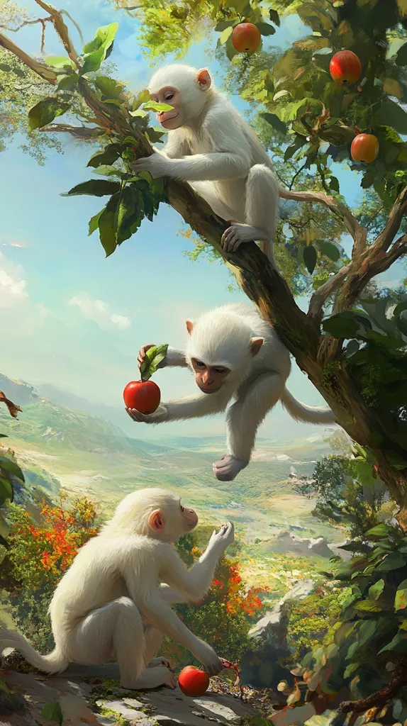 Three snow-white monkeys are depicted in a vibrant painting.  Two are perched in a lush apple tree, one delicately holding a red apple, while the third sits below, seemingly receiving an apple from one above. The background showcases a picturesque valley bathed in sunlight, creating a serene and idyllic scene. The monkeys' fluffy white fur contrasts beautifully with the rich green foliage and the deep red of the apples.