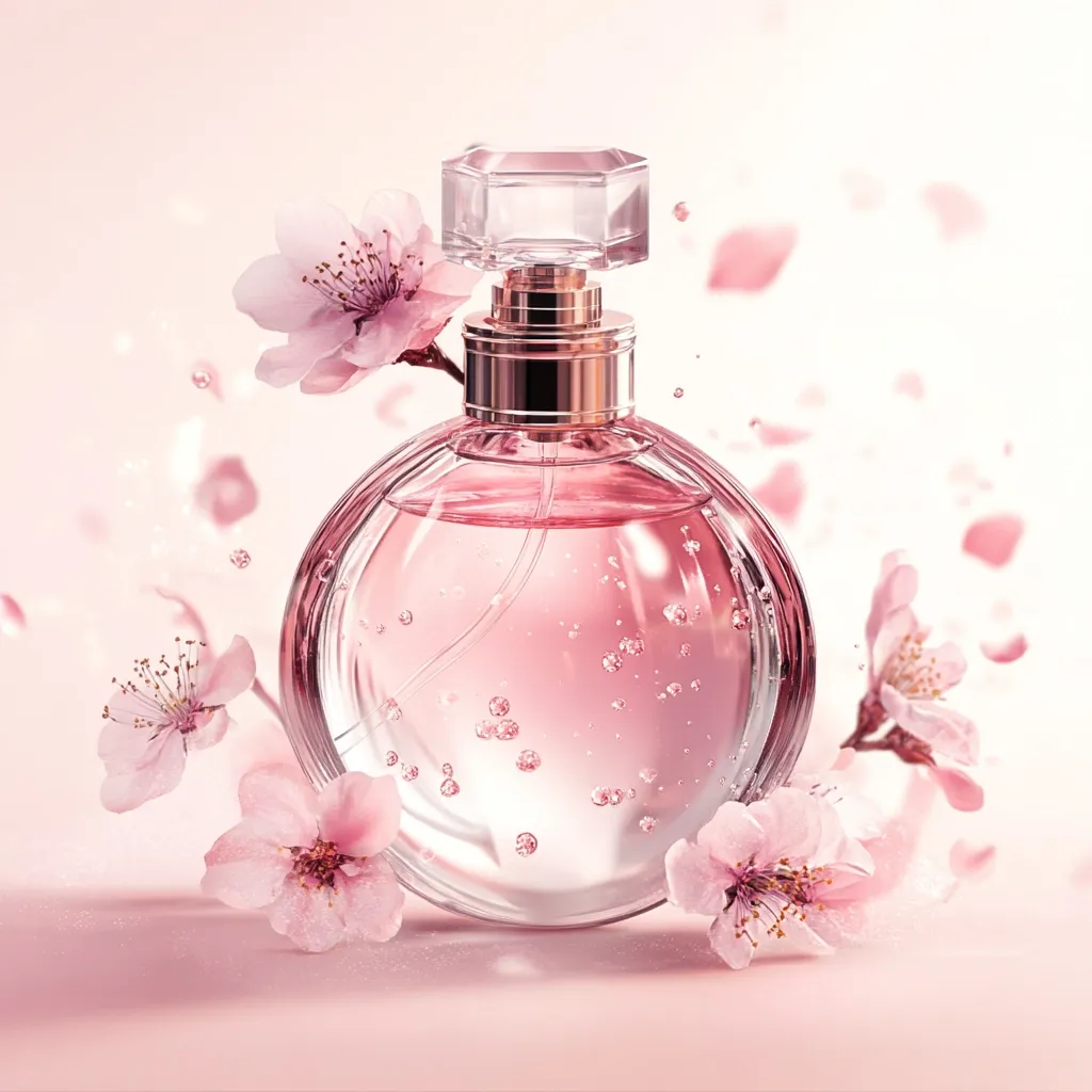 A delicate pink perfume bottle, adorned with a crystal-like top, sits amidst falling pink petals.  The perfume inside is a light pink, appearing bubbly and fresh.  Surrounding the bottle are several blossoms, enhancing the floral and feminine aesthetic. The overall image evokes a feeling of springtime and romance.