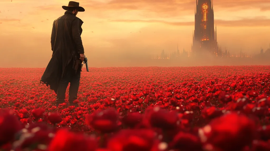 A lone gunslinger, clad in a long dark coat and wide-brimmed hat, walks through a vast field of crimson poppies.  His back is to the viewer, his hand resting near his holstered firearm. In the hazy distance, a tall, dark tower rises above a city, shrouded in an orange sunset. The scene evokes a sense of mystery and the Wild West, juxtaposed with an element of fantasy.