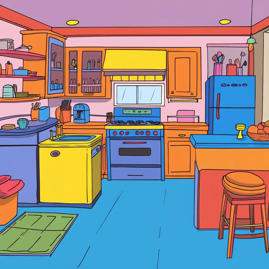 A brightly colored cartoon kitchen features a yellow dishwasher, blue stove and refrigerator, and orange cabinets.  The countertops are a muted pink, and the floor is a vibrant blue.  Shelves are stocked with various kitchen items. A small kitchen island with a stool is present. The overall style is playful and whimsical.