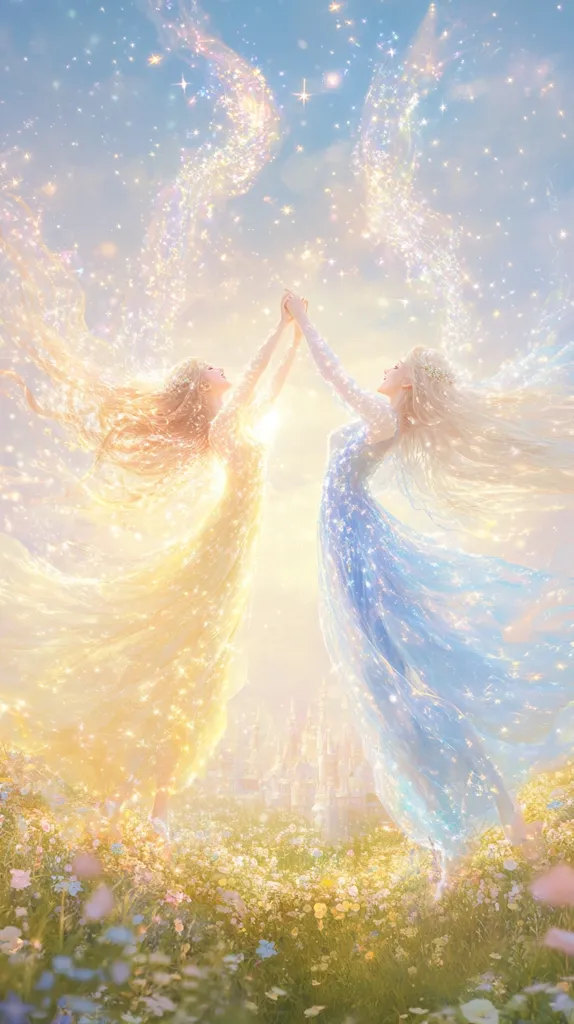 Two ethereal figures, one in a flowing gold gown and the other in a light blue dress, joyfully reach for each other amidst a radiant, starlit sky.  Their long hair streams behind them, blending with sparkling trails of light. They stand in a vibrant field of wildflowers, a castle faintly visible in the background, creating a scene of magical unity and enchantment.