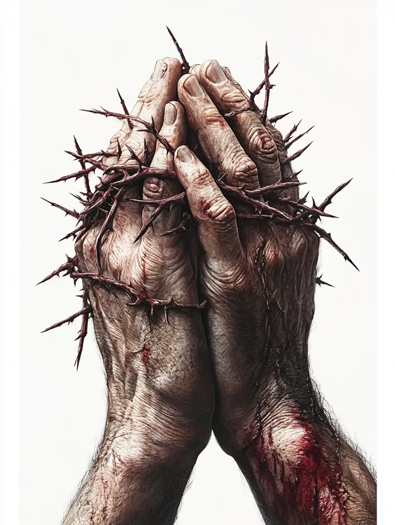 A detailed close-up depicts a pair of weathered hands clasped in prayer, encircled by a crown of thorns.  Blood streaks down the forearms, adding to the image's somber and intense atmosphere. The realistic rendering of the hands and thorns creates a powerful visual, evoking themes of suffering and devotion.  The stark white background accentuates the image's raw emotion.