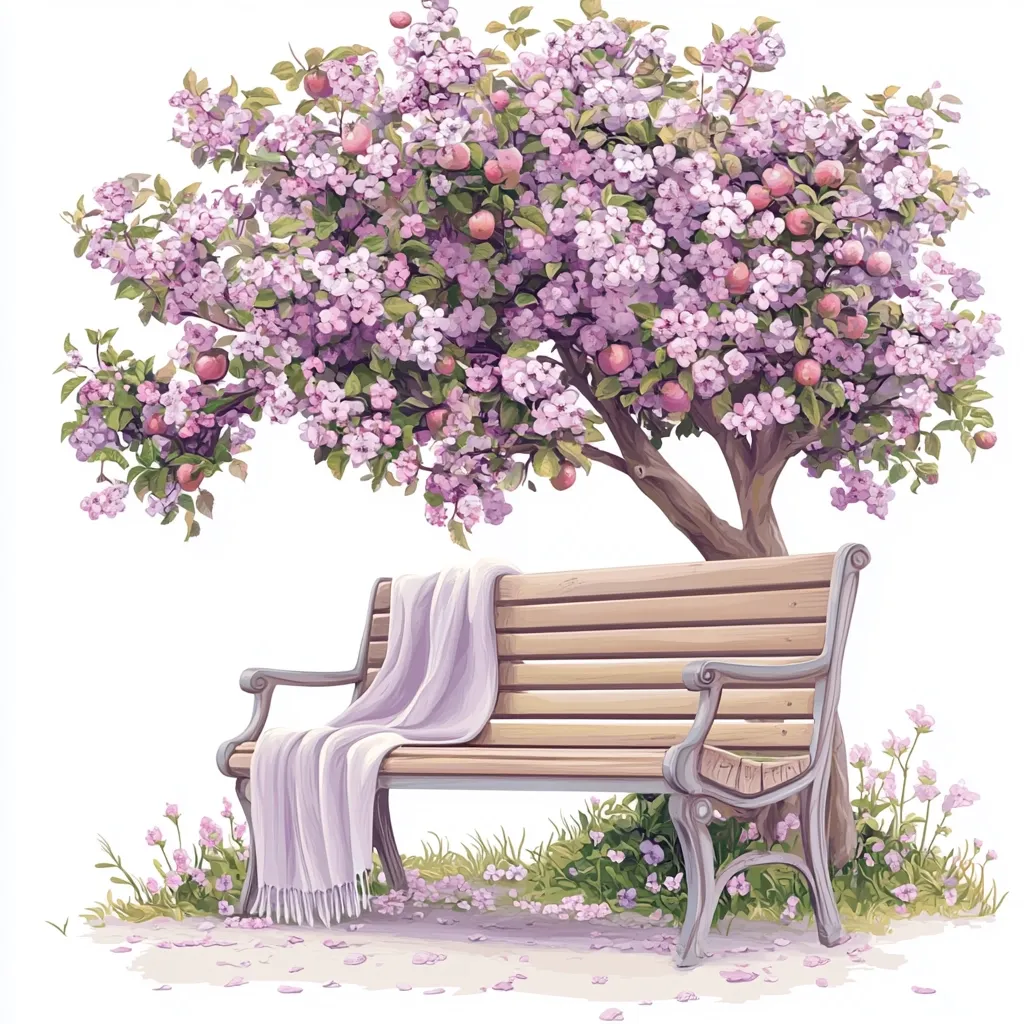 A tranquil scene depicts a wooden park bench beneath a blossoming apple tree.  The tree is laden with pink flowers and ripe apples, casting a gentle shade.  A soft lavender blanket rests on the bench, adding to the peaceful ambiance.  Small wildflowers and fallen petals surround the base of the tree and bench, completing the idyllic springtime setting.
