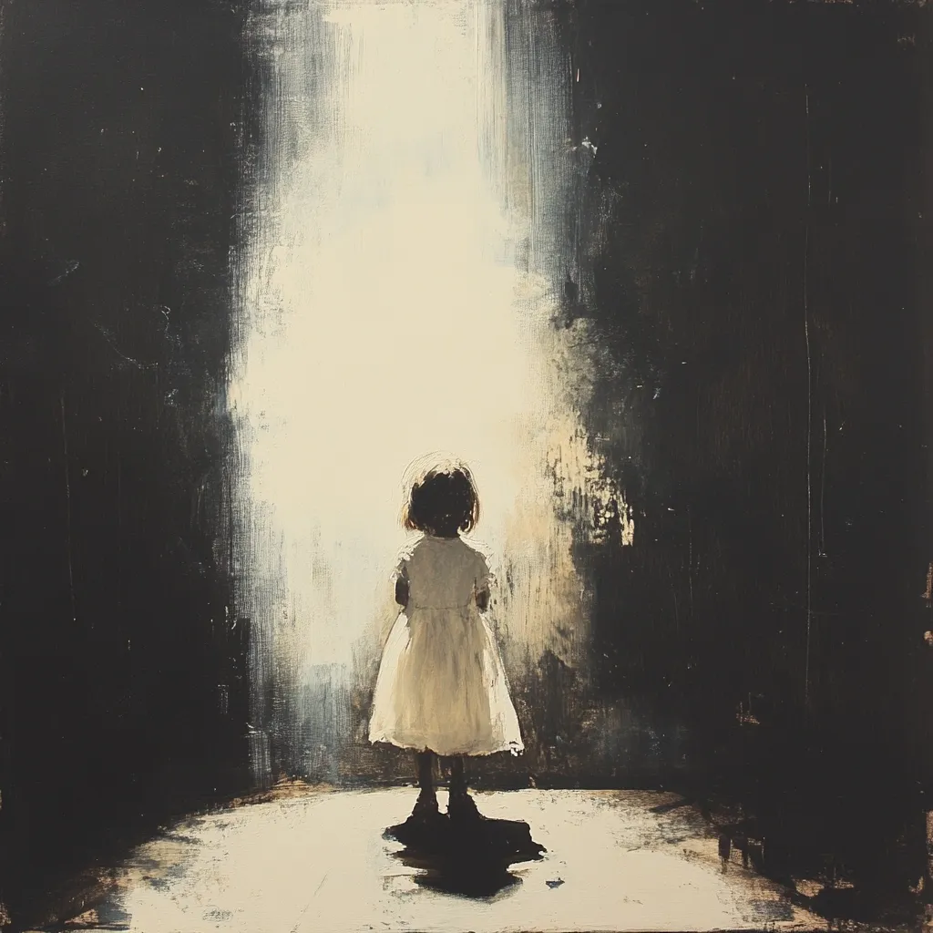 A young girl in a white dress stands alone, her back to the viewer, in a dimly lit space. A bright, vertical beam of light illuminates her from behind, creating a stark contrast between her figure and the dark surroundings.  The painting's style is expressive and somewhat abstract, with visible brushstrokes contributing to a mood of quiet contemplation or anticipation. The overall impression is one of isolation and hope.