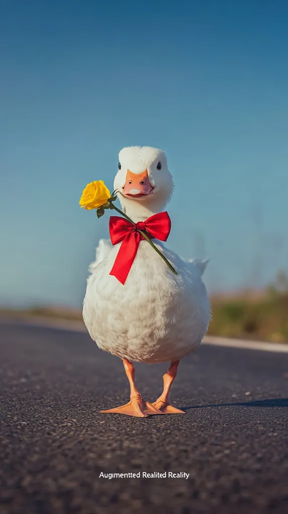 A fluffy white goose stands on a road, holding a single yellow rose with a bright red bow around its neck.  The goose faces the camera, appearing to present the flower. The background is a clear blue sky and blurred roadside vegetation. The overall scene is whimsical and charming, suggesting a romantic gesture.