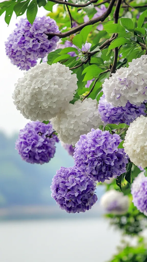 A vibrant cluster of hydrangeas in varying shades of purple and white adorns a tree branch.  The blossoms are densely packed, creating full, round blooms.  The lush green leaves provide a striking contrast to the delicate pastel flowers. The blurred background suggests a tranquil outdoor setting, perhaps near a lake or body of water.  The image evokes a sense of serenity and natural beauty.