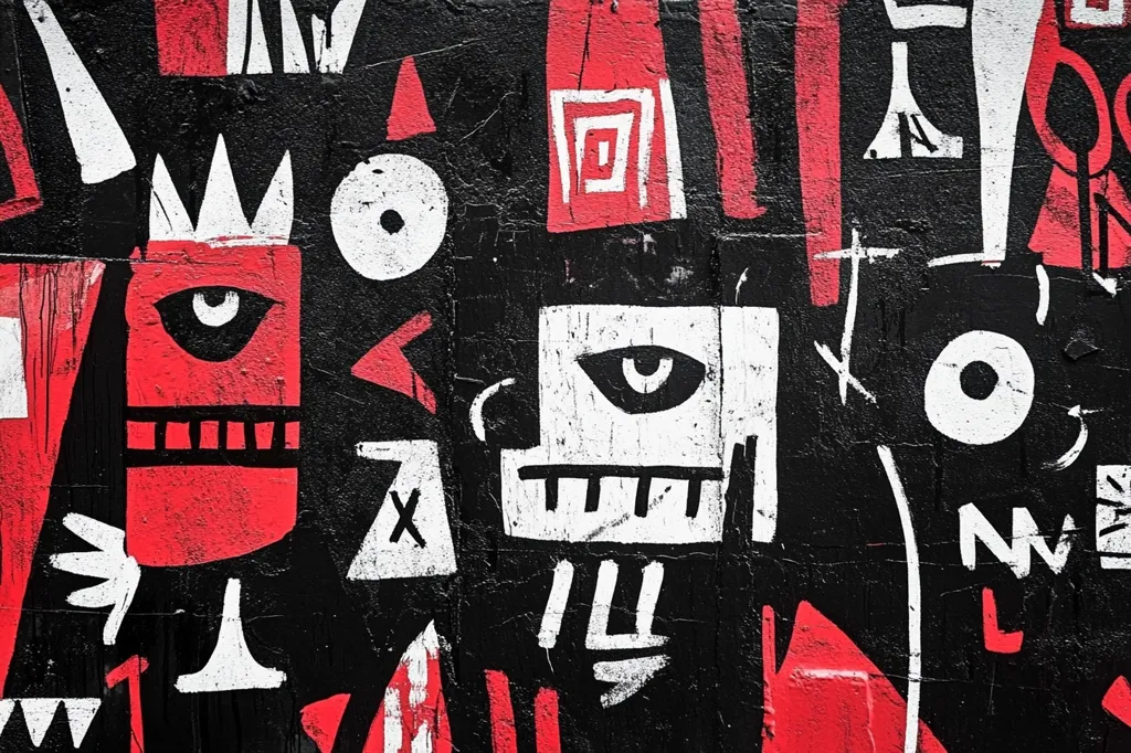 A vibrant graffiti artwork explodes with bold, stylized figures.  Predominantly red and white characters, some crowned, feature large, expressive eyes against a stark black background.  Geometric shapes and abstract markings interweave, creating a dynamic and energetic composition with a distinct urban aesthetic. The rough texture of the wall adds to the raw, street art feel.
