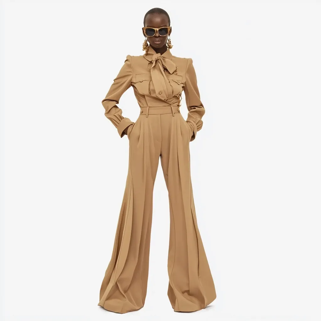 A model wears a stylish tan jumpsuit. The jumpsuit features a long-sleeved collared shirt with a bow tie and wide-leg pants with pleats.  Gold accents are visible on the shirt. The model is accessorized with sunglasses and gold earrings. The overall look is chic and sophisticated.