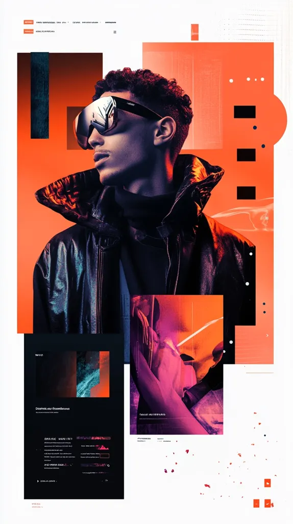 A stylishly designed collage features a man wearing futuristic sunglasses and a black leather jacket.  The vibrant color palette uses bold oranges and contrasting dark tones.  Geometric shapes and graphic elements create a dynamic and modern aesthetic.  Smaller inset images add layers of visual interest, hinting at a narrative or mood. The overall style is edgy and contemporary, possibly representing a music or fashion campaign.