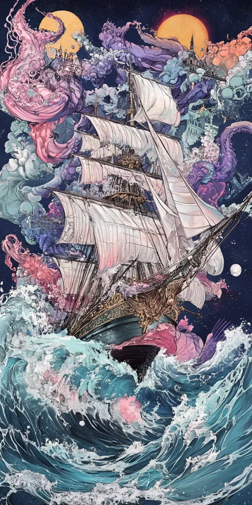 A majestic sailing ship navigates a turbulent sea under a night sky.  Surrounding the vessel are swirling, ethereal clouds and fantastical creatures, rendered in a vibrant, dreamlike palette of blues, pinks, and purples.  Two moons illuminate the scene, adding to the otherworldly atmosphere. The detailed artwork blends realism with fantasy, creating a captivating and surreal image.
