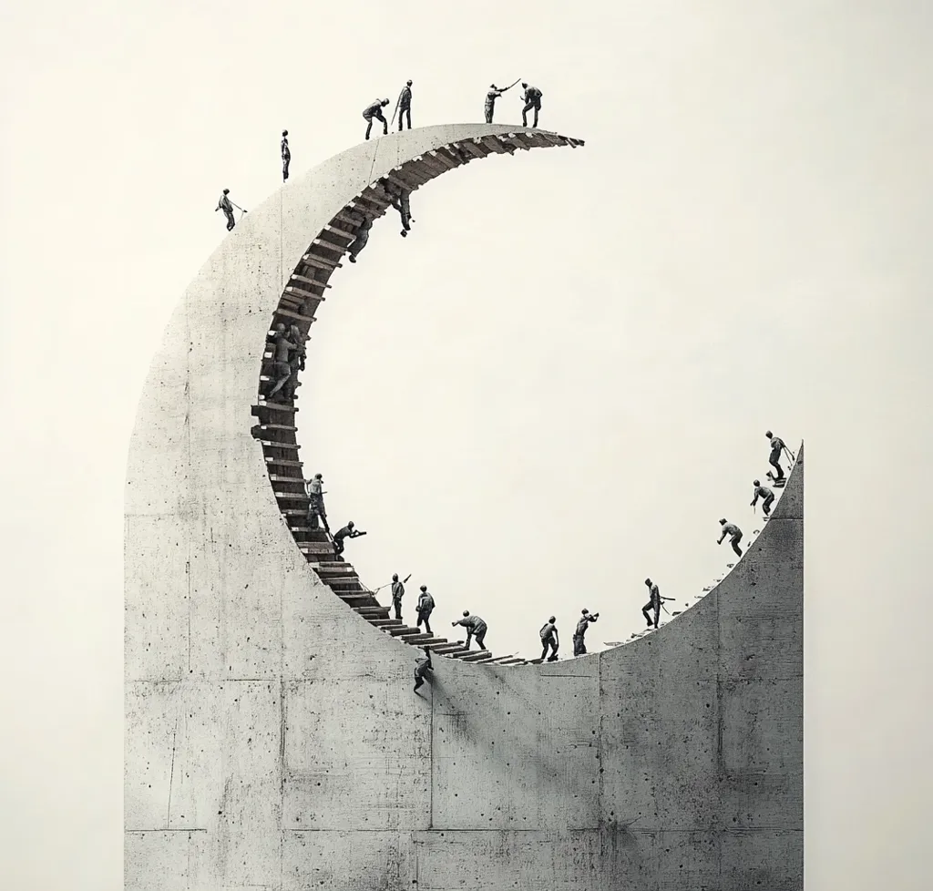 A crescent-shaped concrete structure features a winding staircase populated by miniature figures.  The figures ascend the stairs, some appear to be working, while others reach the top, suggesting a cyclical journey or endless task. The monochromatic palette and minimalist style evoke a sense of isolation and the relentless nature of the climb.  The image is symbolic, possibly representing the human condition or a never-ending pursuit of a goal.