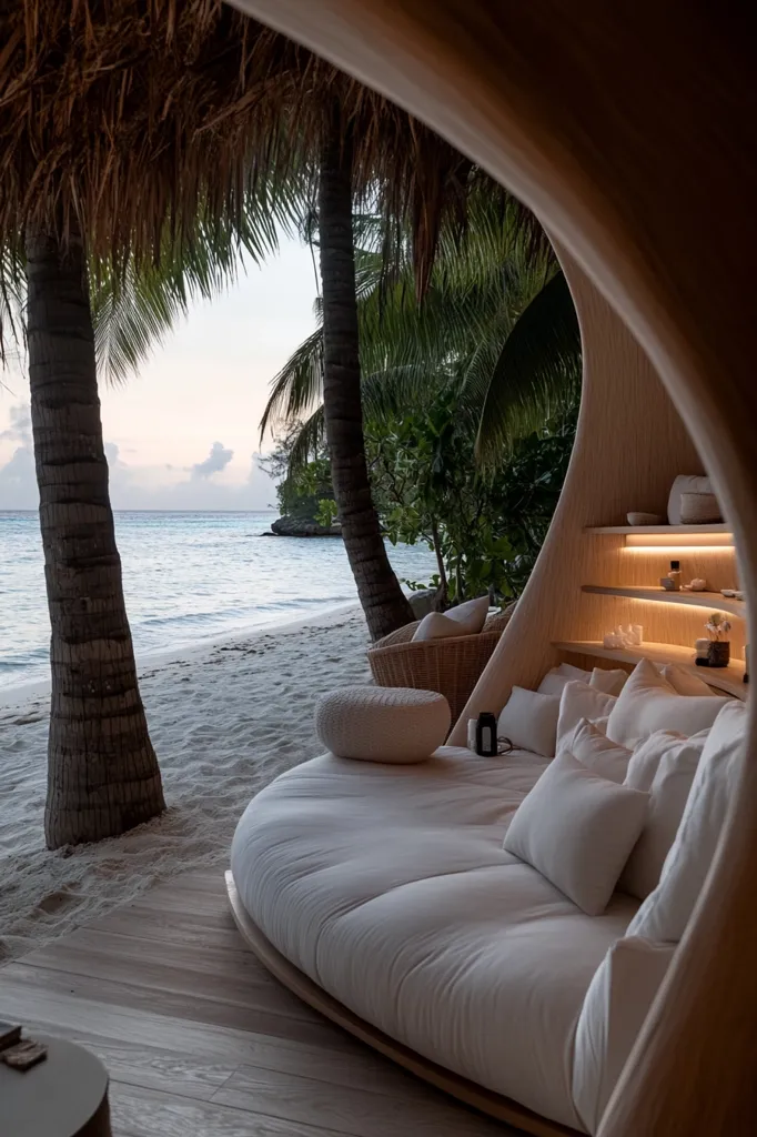 A tranquil beachside haven features a curved, minimalist daybed crafted from light wood.  Soft white cushions invite relaxation, overlooking a pristine sandy beach and calm turquoise ocean.  Palm trees frame the scene, creating a serene tropical escape under a thatched roof.  The built-in shelving adds a touch of understated luxury.