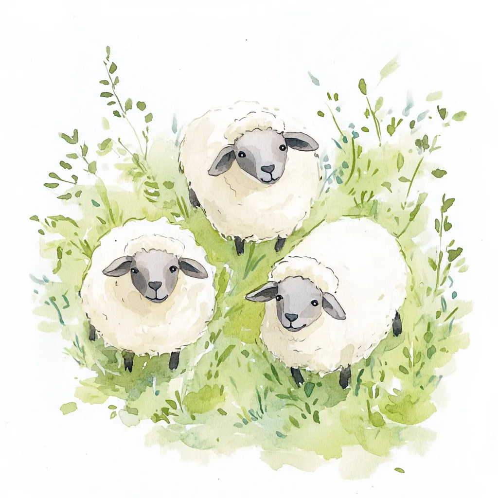 A watercolor painting depicts three fluffy sheep nestled together in a vibrant green pasture.  The sheep are rendered in soft, light tones, with gray faces and expressive eyes.  Delicate green foliage surrounds them, adding to the peaceful and idyllic scene. The style is charming and simplistic, evoking a sense of calm and tranquility.