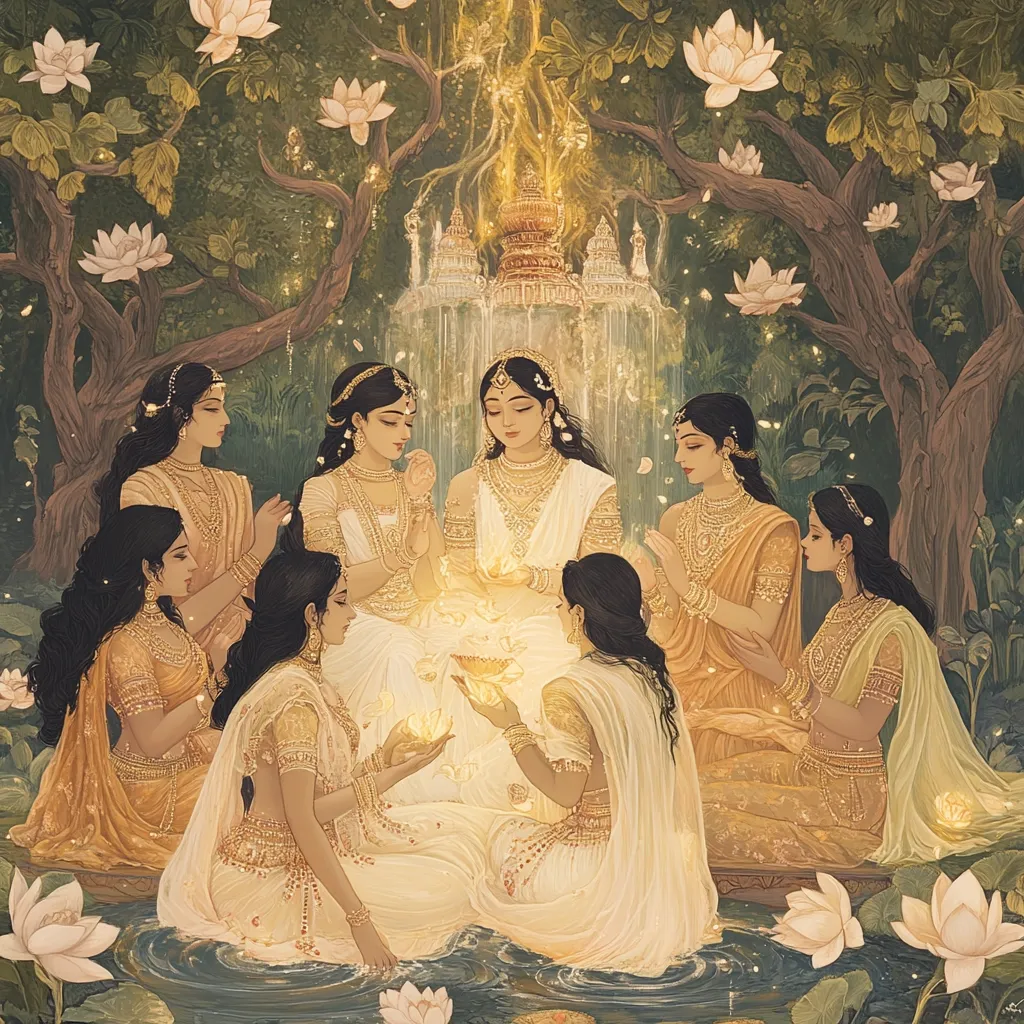 Seven elegantly dressed women, adorned in gold jewelry and flowing white garments, are gathered around a central figure in a serene, lotus-filled setting.  A shimmering waterfall cascades behind them, emanating a soft golden light.  The scene is idyllic, suggestive of a sacred ritual or divine gathering in a mystical garden. The overall aesthetic is reminiscent of classical Indian art.