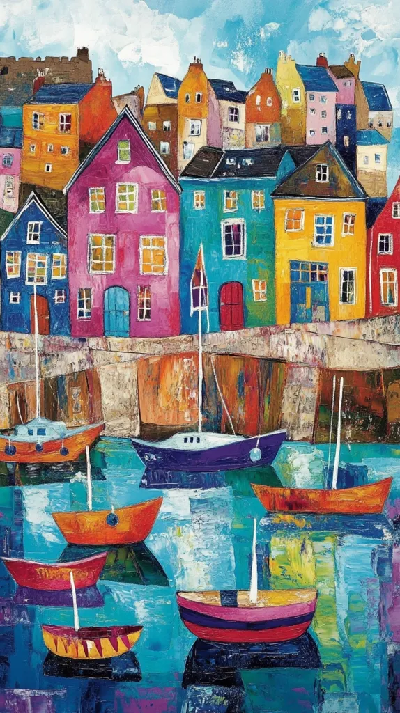 A vibrant, colorful painting depicts a harbor scene.  Brightly colored houses line the waterfront, a mix of blues, pinks, yellows, and oranges.  Small sailboats bob in the turquoise water, their hues mirroring the buildings. The artist's thick, impasto style creates a textured, almost three-dimensional effect, enhancing the lively atmosphere.  The overall impression is one of cheerful energy and coastal charm.