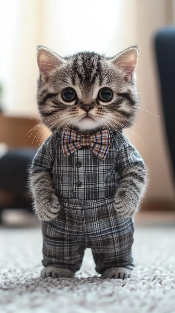 An adorable gray tabby kitten stands on a fluffy rug, dressed in a stylish plaid jumpsuit and a matching bow tie.  Its large, expressive eyes and small stature create a charming and comical effect. The kitten's posture is upright and dignified, enhancing the overall cuteness of the image. The soft focus background emphasizes the kitten as the central focus.