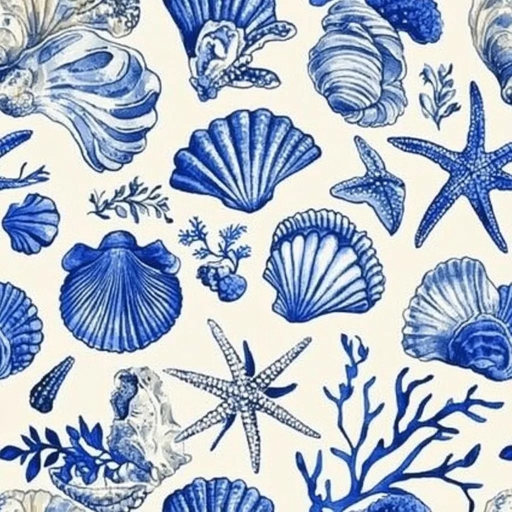 A cream-colored fabric features a repeating pattern of various blue seashells, starfish, and coral.  The shells are depicted in varying sizes and styles, from scallops to clamshells, all rendered in a watercolor-like, slightly faded blue. Starfish and stylized coral branches add to the nautical theme, creating a charming and coastal aesthetic.  The overall design is reminiscent of blue and white china patterns.