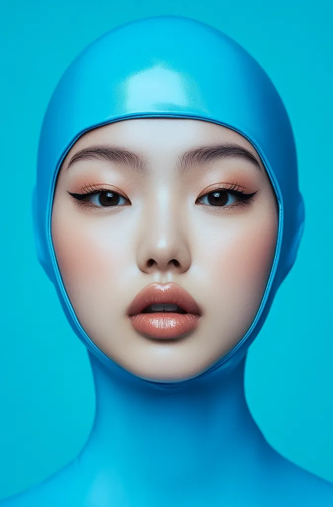 A close-up portrait showcases a woman's face, partially concealed by a vibrant blue, glossy balaclava.  Her flawless skin is accented with subtle peach blush and defined eyeliner.  The contrast between the smooth, cool blue of the head covering and the warm tones of her complexion creates a striking visual effect. The overall image is sleek and modern, hinting at futuristic aesthetics.