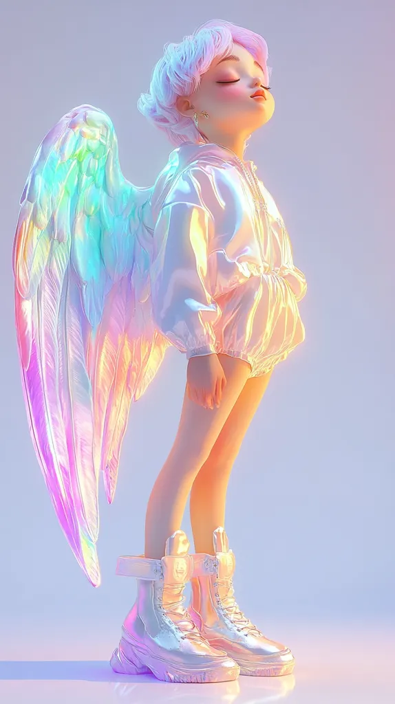 A digital rendering of a stylized angel figure.  The figure has pastel pink hair, iridescent wings, and wears a shimmering white outfit and chunky metallic boots. The overall aesthetic is dreamy and ethereal, with a focus on soft colors and glossy textures.  The angel's pose suggests serenity and contemplation.