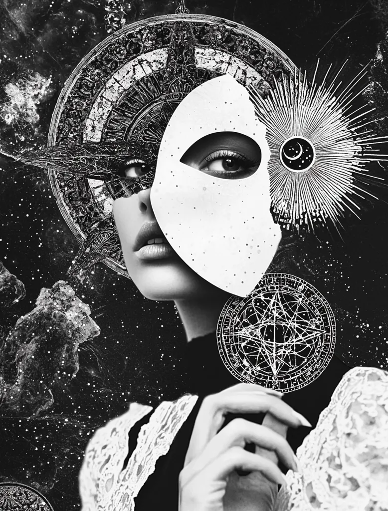A monochromatic digital art piece features a woman partially obscured by a large, white mask.  Intricate celestial and astrological symbols, including a compass rose and starburst, surround her. The background is a dark, star-filled space, creating a mystical and enigmatic atmosphere. The woman's gaze is intense, and her hand delicately holds a circular astrological symbol near her neck. The overall style is surreal and evocative of hidden knowledge or cosmic secrets.