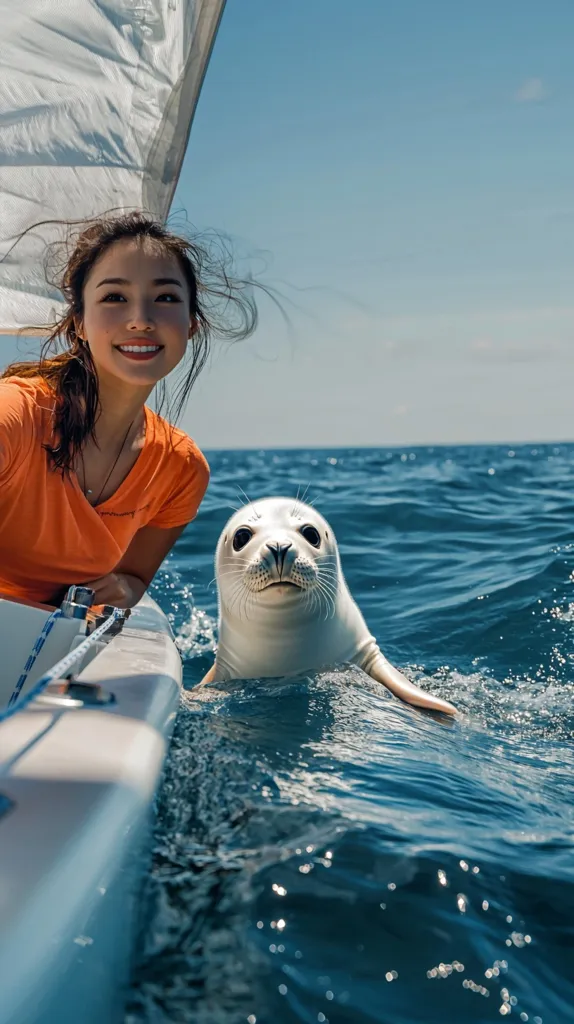 A young woman with long dark hair smiles brightly from a sailboat.  Beside her, a cute harbor seal pops its head out of the clear blue ocean water, its curious gaze directed toward the camera. The scene is idyllic, with a sunny sky and calm sea, creating a memorable encounter between human and wildlife.