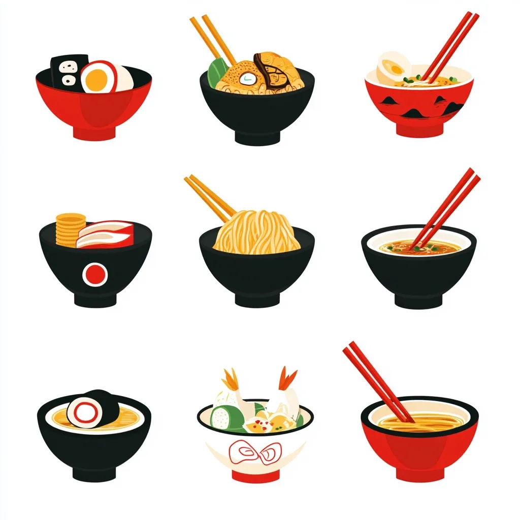 Nine illustrations depict various bowls of Asian noodle soups and dishes.  The bowls are primarily black and red, some with decorative designs.  The dishes include ramen, udon, and other noodle-based options with varied toppings like egg, seafood, and vegetables. Chopsticks are included in most bowls.  The style is cartoonish and vibrant.
