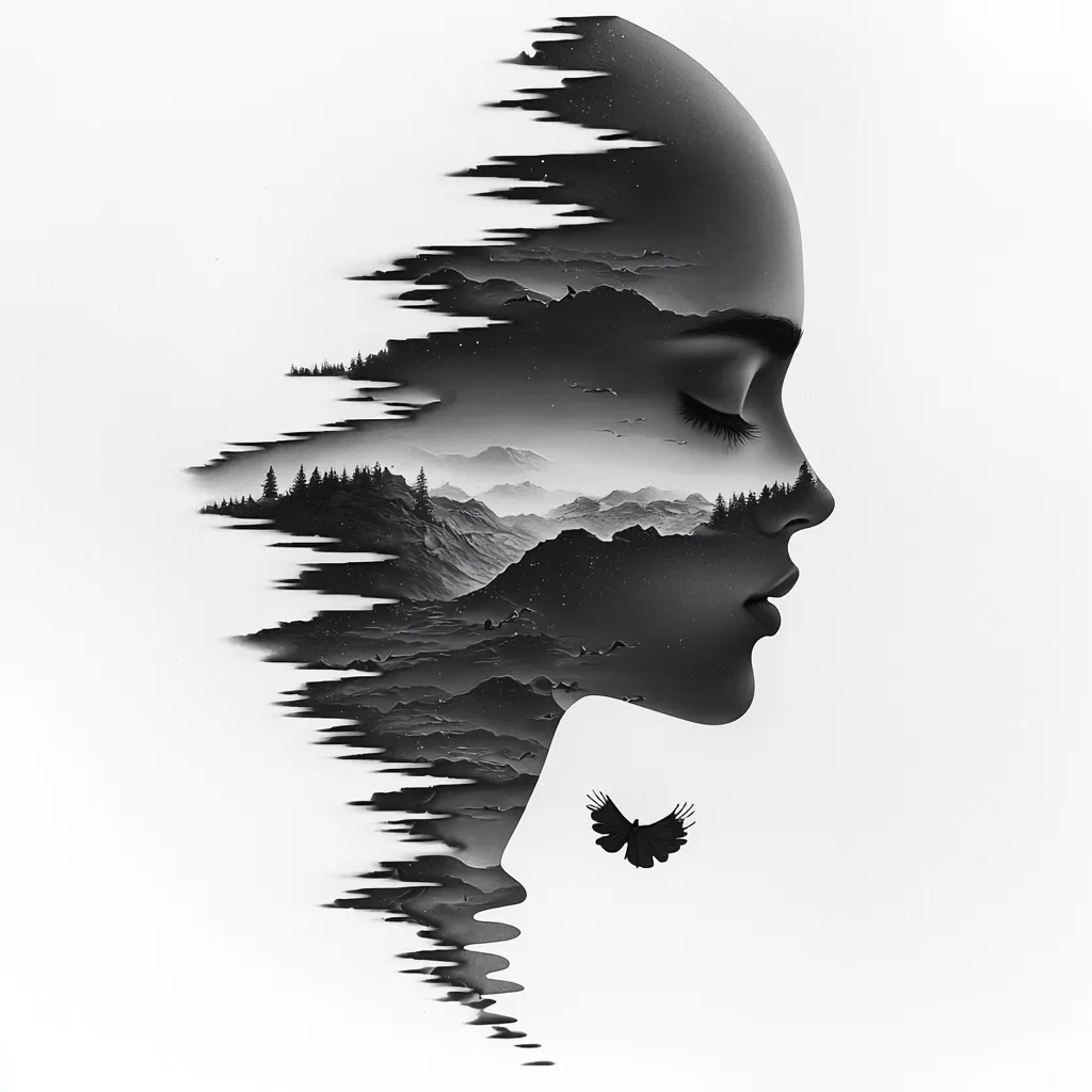 A monochromatic illustration depicts a woman's profile subtly merging with a mountainous landscape.  The woman's face is partially obscured, revealing a serene expression, her form dissolving into a stylized depiction of valleys, trees, and a distant sky. A small bird is featured near her neck, adding to the ethereal, dreamlike quality of the piece. The overall effect is one of peaceful introspection and the interconnectedness of nature and humanity.