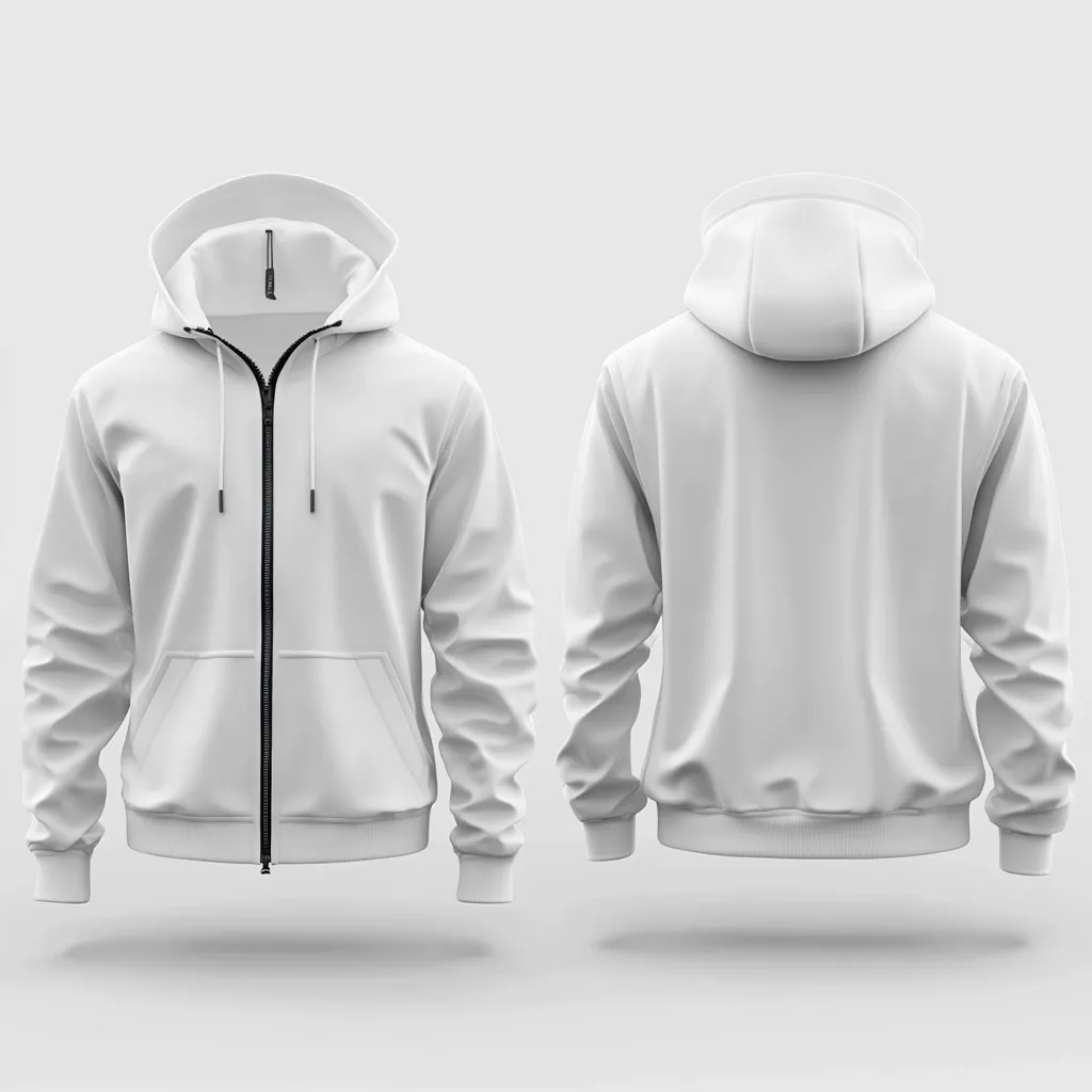 The image shows a white zip-up hoodie.  A front and back view are presented, showcasing the garment's design details.  The hoodie features a full-length zipper, kangaroo pocket, and ribbed cuffs and waistband. It's a simple, clean design, ideal for showcasing branding or customization. The background is plain, focusing attention solely on the hoodie.