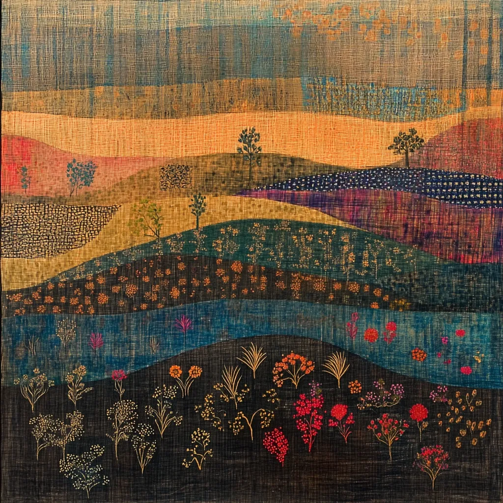 A textile artwork depicts a stylized landscape.  Layers of undulating hills in warm earth tones are overlaid with textured fabrics in varying shades of brown, teal, purple, and gold.  Small, stylized trees and wildflowers are embroidered onto the fabric, creating a sense of depth and tranquility. The overall effect is one of quiet beauty and intricate detail.
